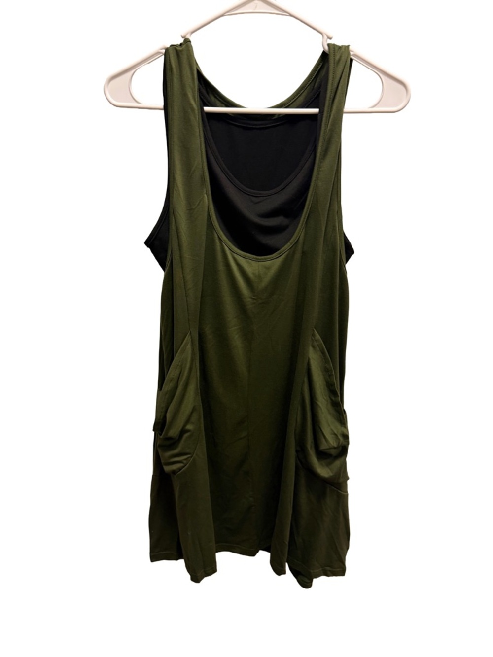 Olive Green Two-Piece Layered Tunic Dress Set - Large Pockets